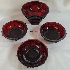 Avon Cape Cod Collection 1876  Ruby Red Candy Dish + 3 Small Bowls